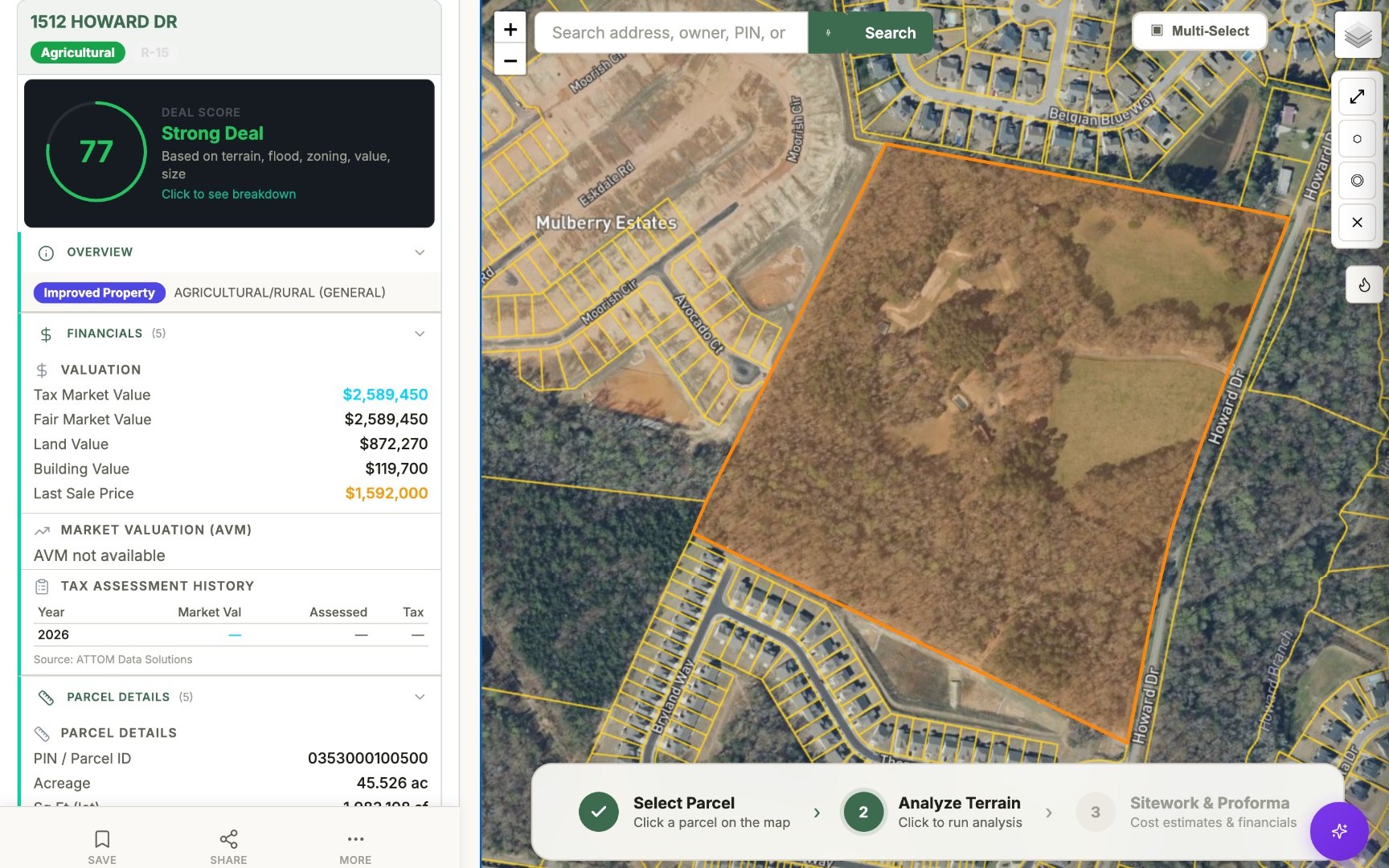 Land Takeoffs interactive GIS map showing a selected parcel with owner data, flood zones, utilities, and zoning layers